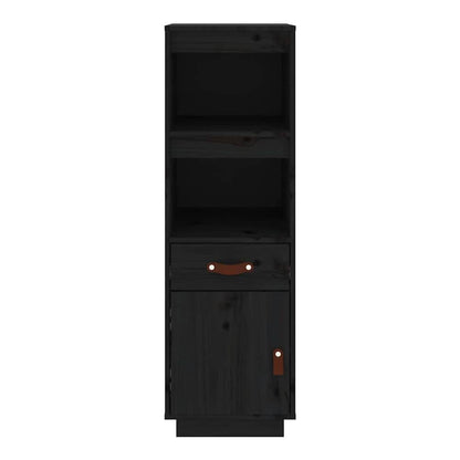 A close-up of the black pine wood highboard showing its texture
