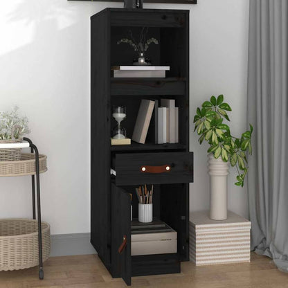 The black pine wood highboard with the drawer and cupboard door open
