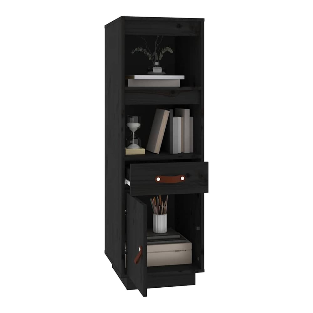 The black pine wood highboard with its drawer and cupboard door open