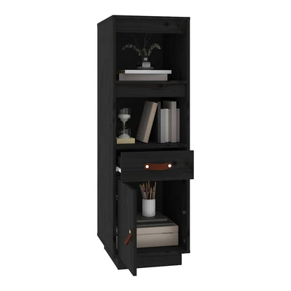 The black pine wood highboard with its drawer and cupboard door open