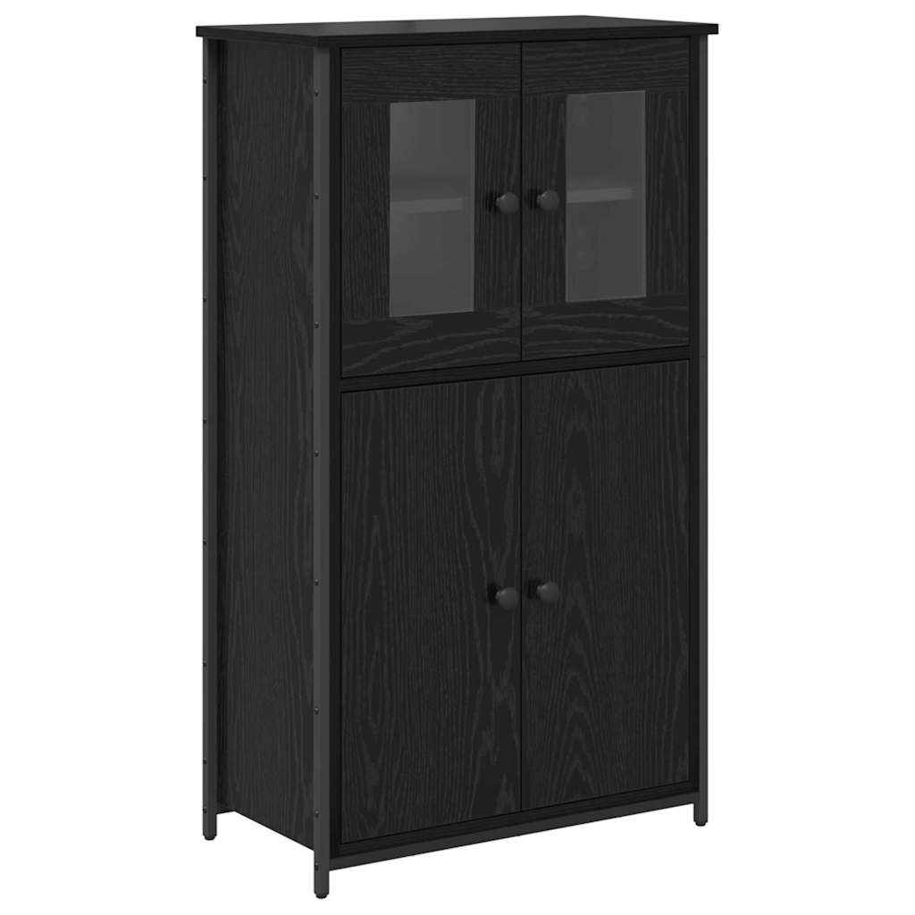 Black oak highboard with four doors, two with glass panels