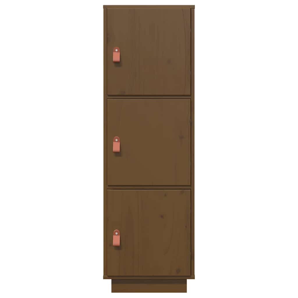 The honey brown pine wood cupboard with three stacked doors and leather handles