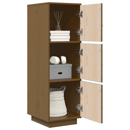 Highboard Honey Brown Solid Wood Pine, the storage cabinet with open doors showing interior shelves with books and a woven