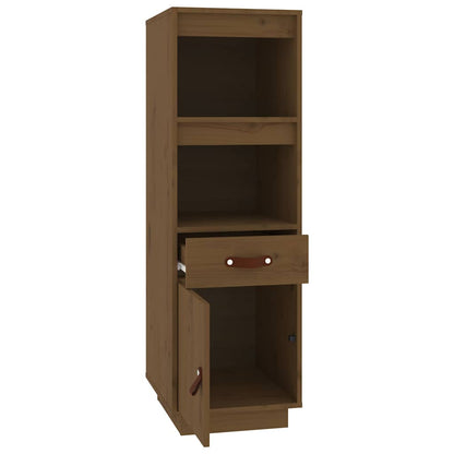 The pine wood cabinet with its door and drawer open, showing interior shelves