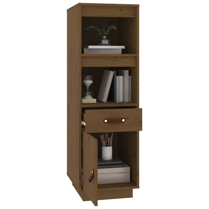 The honey brown pine wood cabinet with its door and drawer open, revealing storage