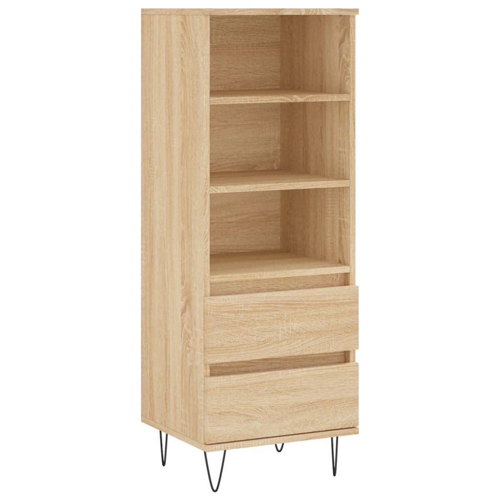 The highboard is shown from the front with shelves and two drawers