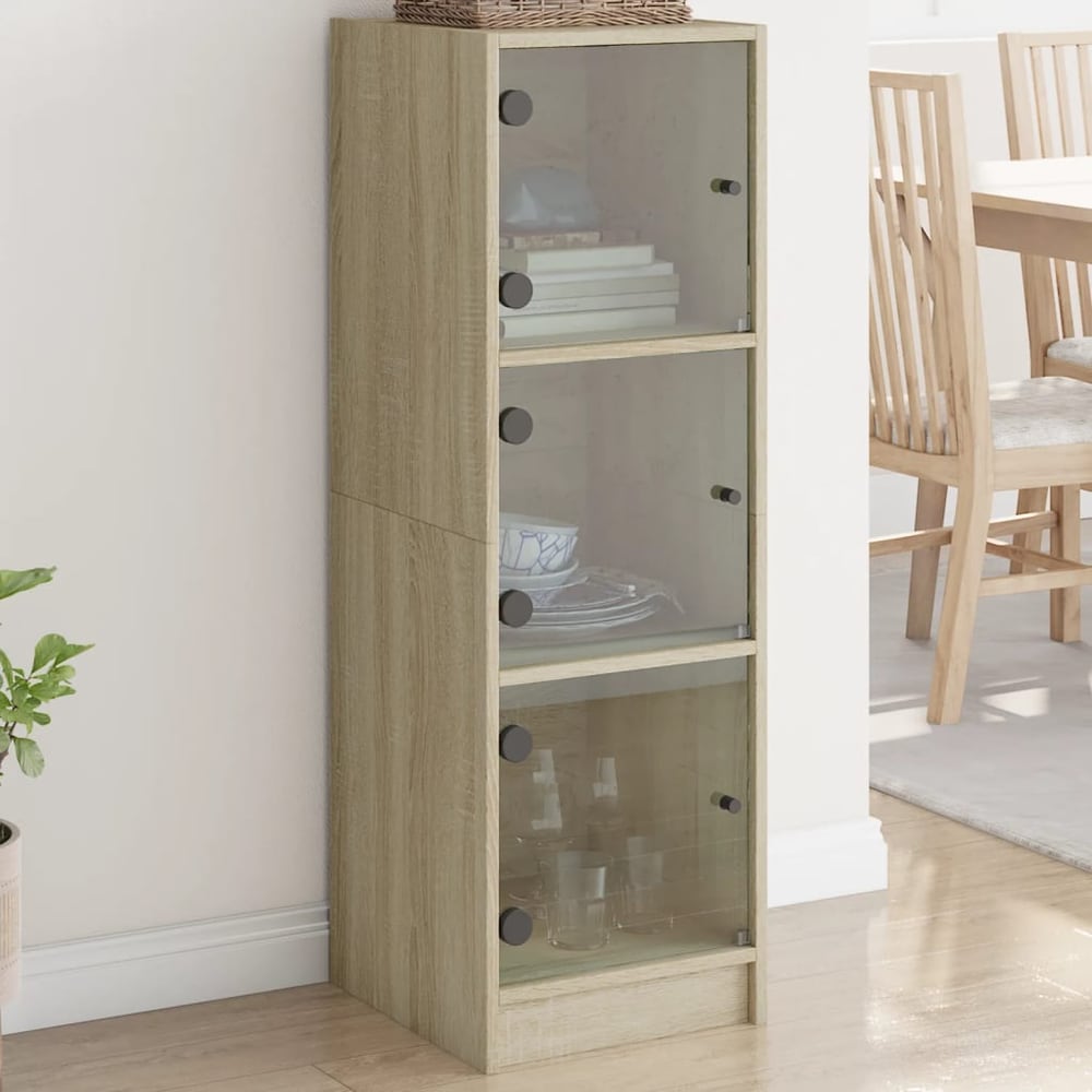 vidaXL Highboard with Glass Doors Sonoma Oak a tall narrow cabinet with three glass doors and shelves inside