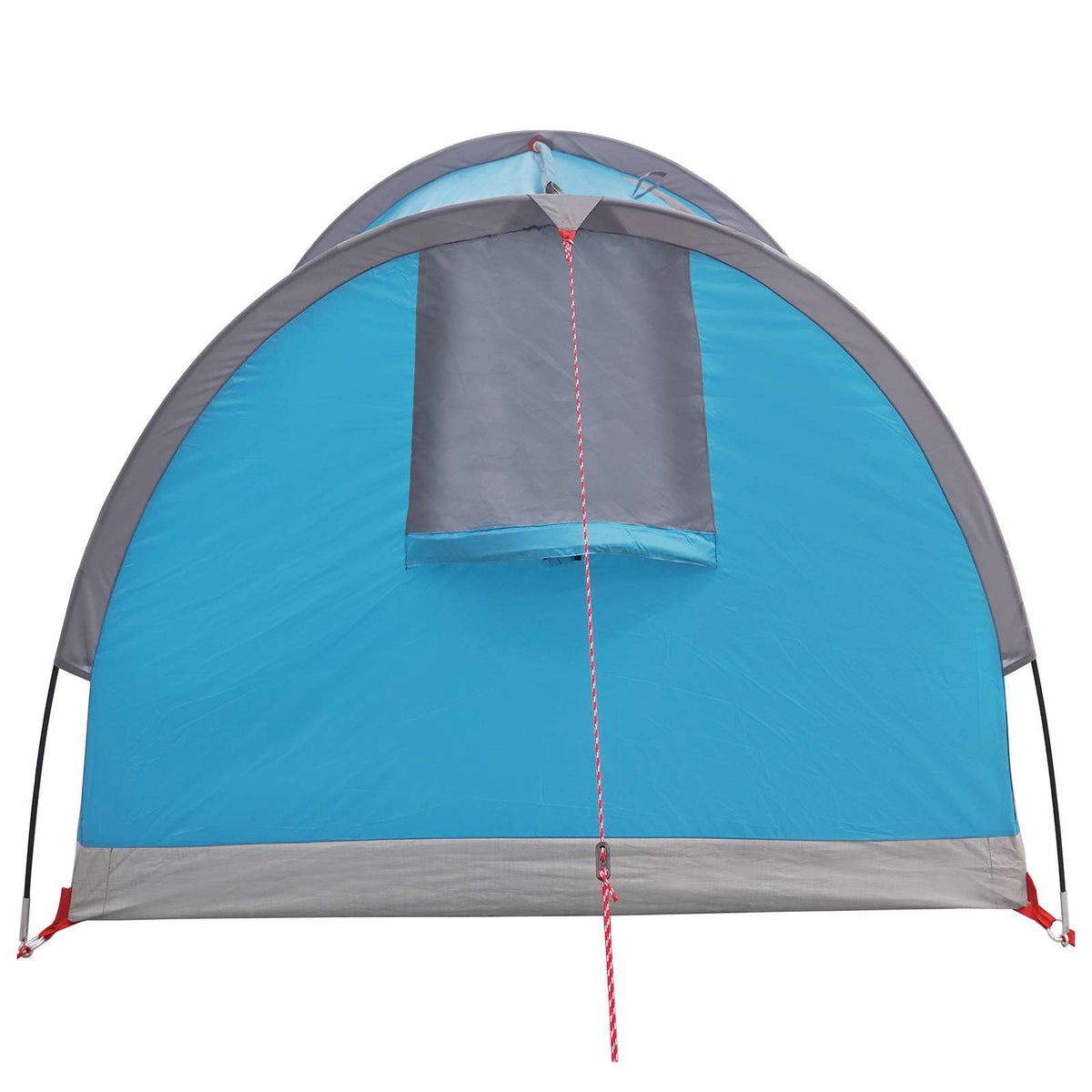 the back of the blue hiking tent showing a closed window