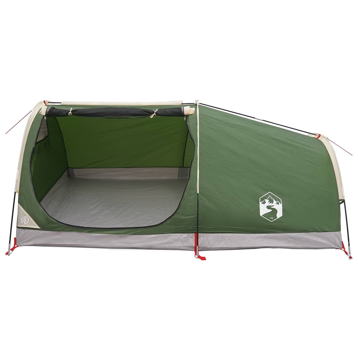The green two-person hiking tent with the porch area open to the outside