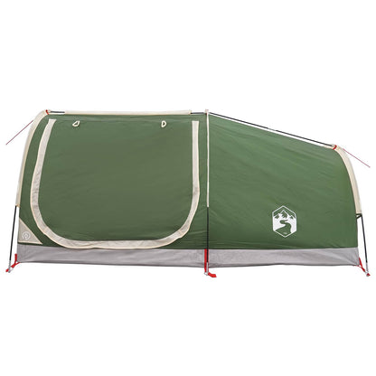 The green two-person hiking tent viewed from the side with the porch closed