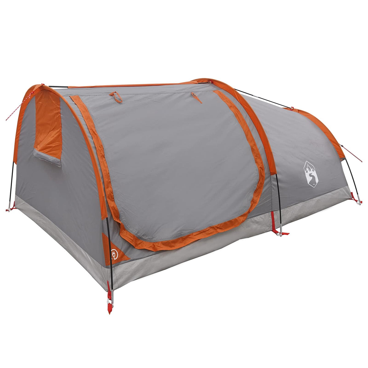 grey and orange two-person hiking tent with orange trim and poles