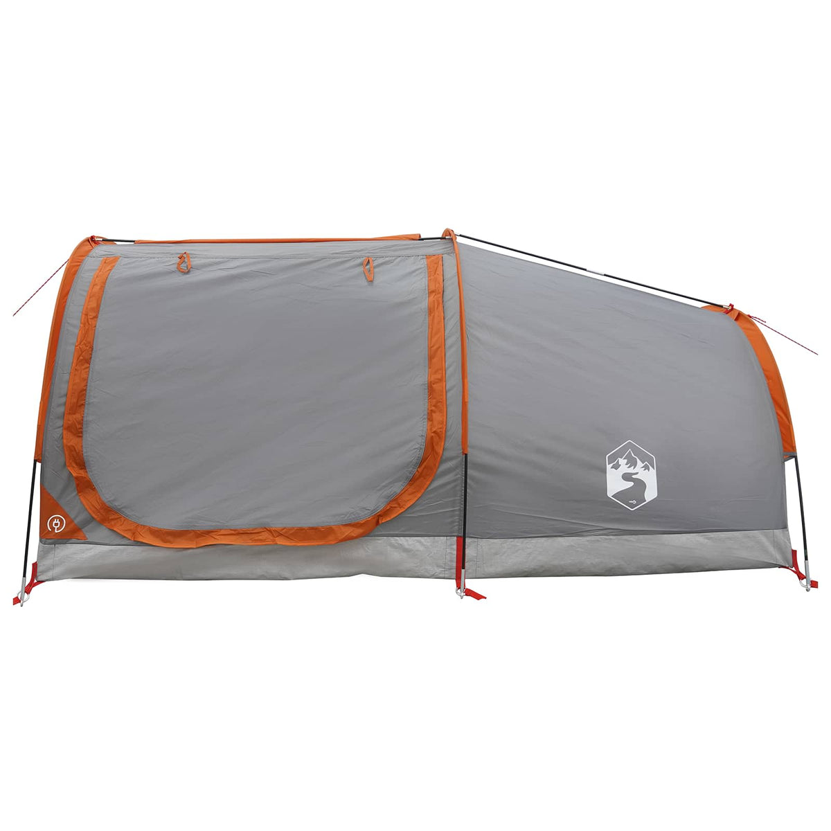 grey and orange two-person hiking tent with one side closed and one open