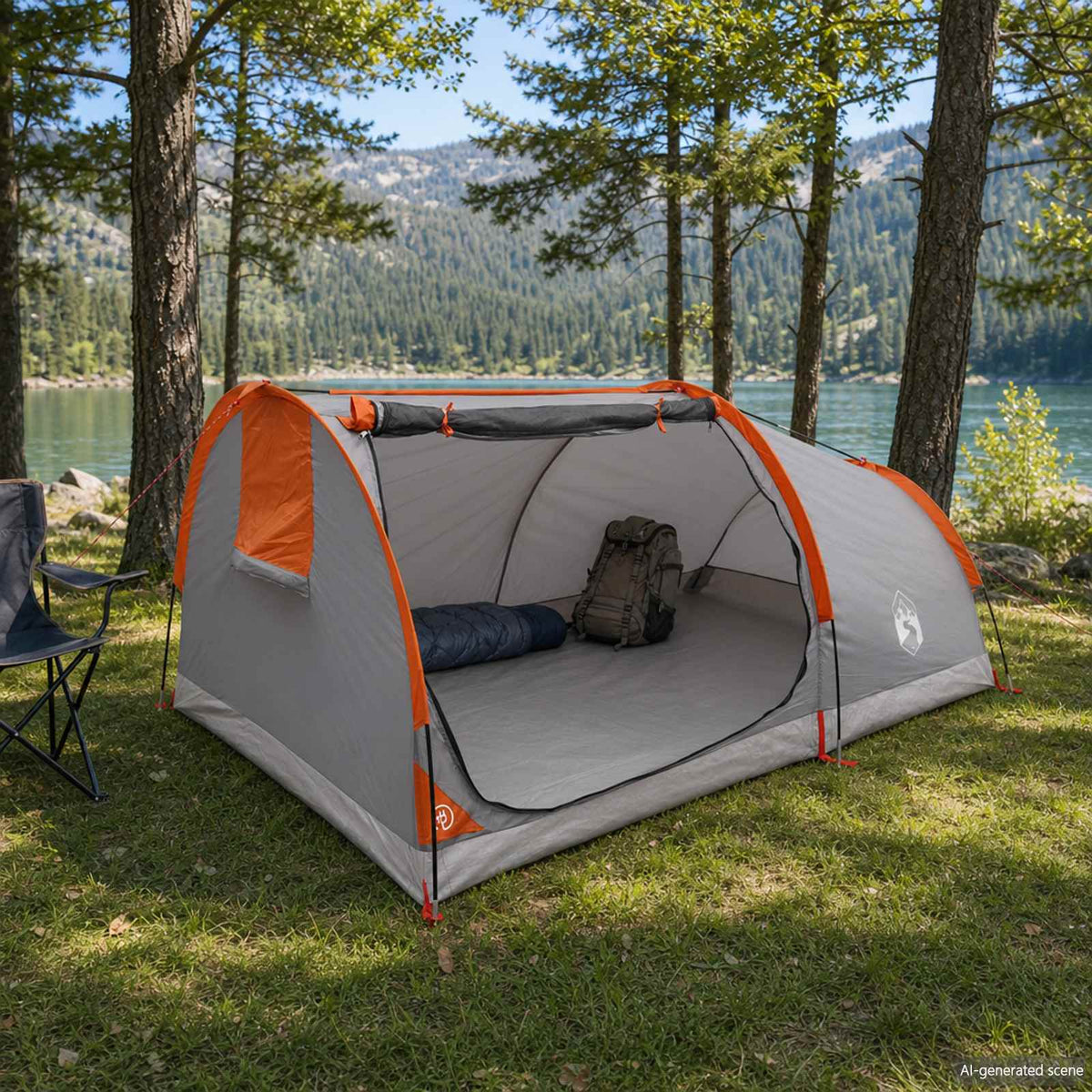 vidaXL Hiking Tent Water-Resistant 2-Person Grey and Orange set up in a grassy campsite with trees