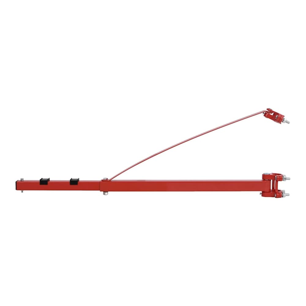 Red metal hoist frame with the adjustable arm in a lowered position