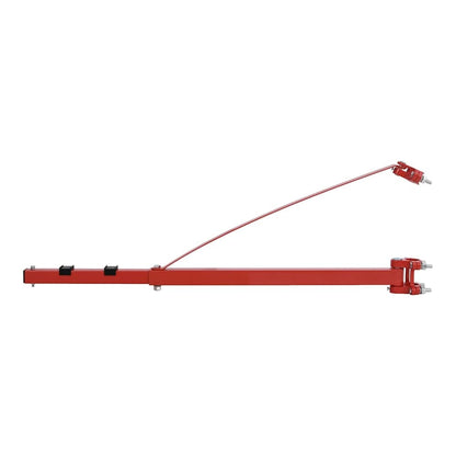 Red metal hoist frame with the adjustable arm in a lowered position