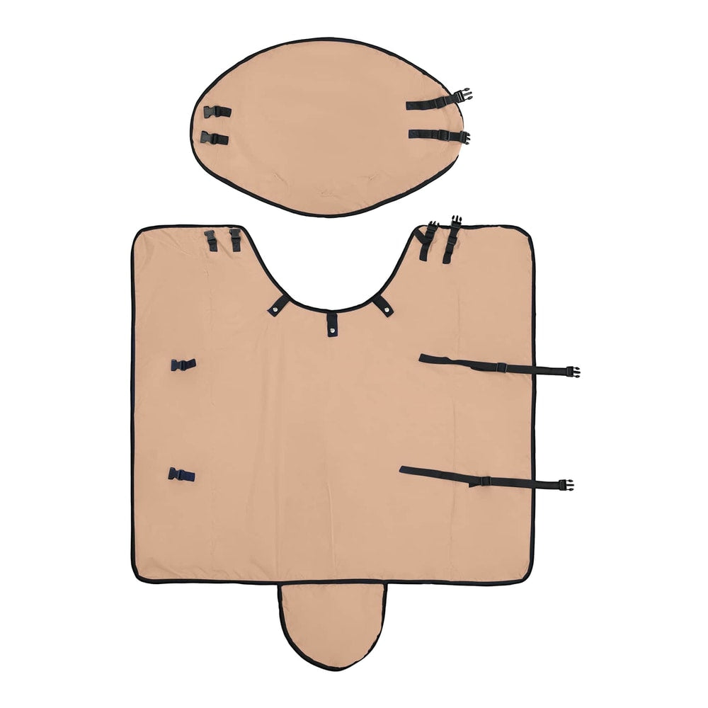 The horse blanket and hood laid out flat, showing straps