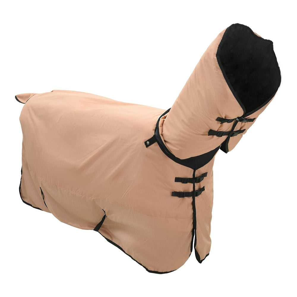Close up of the horse blanket showing fastenings and hood