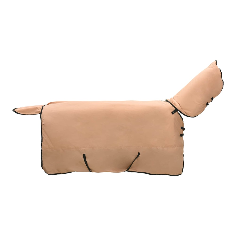 The horse blanket laid out flat on the ground
