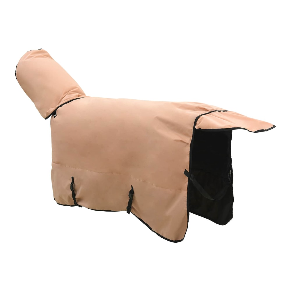 The horse blanket shown from the side with hood up