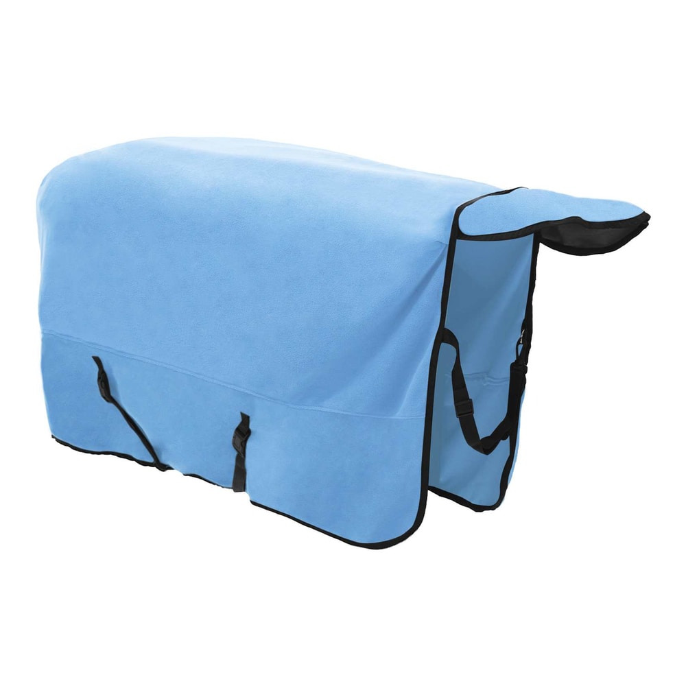 The horse blanket in aqua is shown from the front with straps