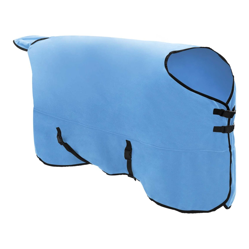 The aqua horse blanket is shown from the side with straps