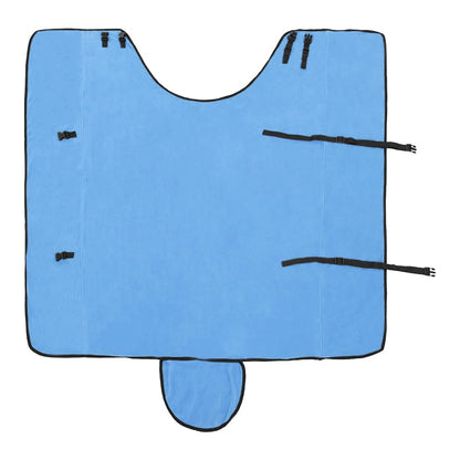The horse blanket is spread out showing the inside and straps