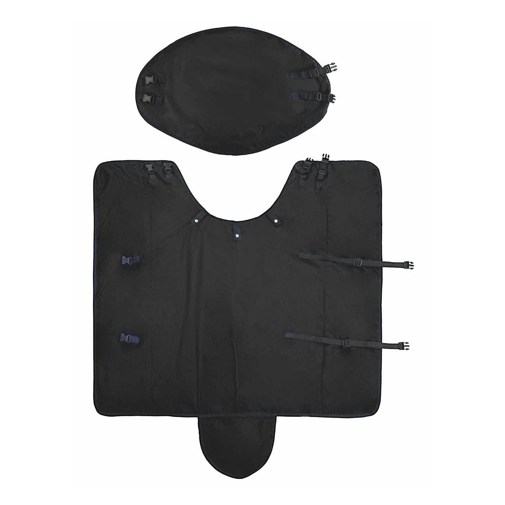 Black horse rug and separate hood laid out flat