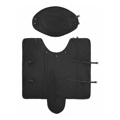 Black horse rug and separate hood laid out flat