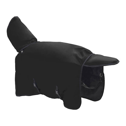 Black horse rug with hood, front view showing openings