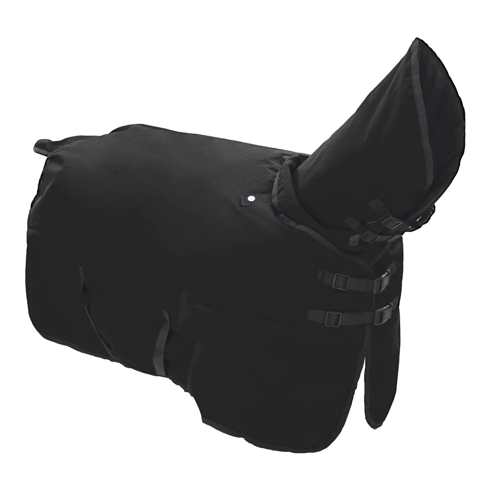 Black horse rug with hood, side view showing fastenings