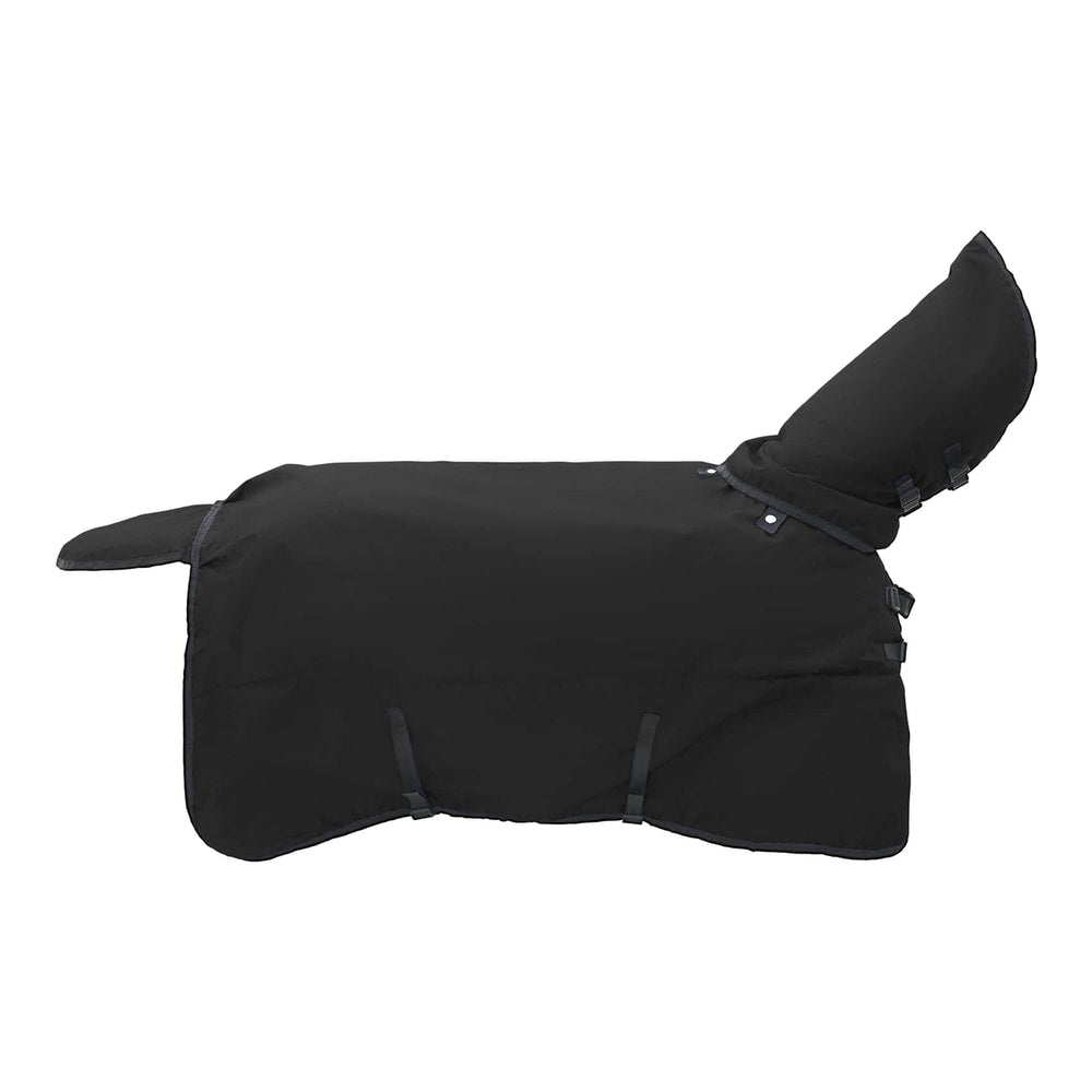 Black horse rug with hood, showing the full coverage