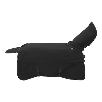 Black horse rug with hood, showing the full coverage