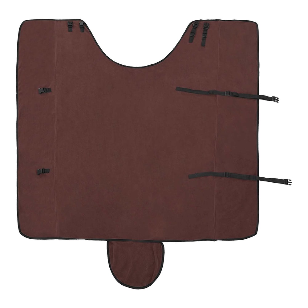 Unfolded dark brown horse blanket with straps