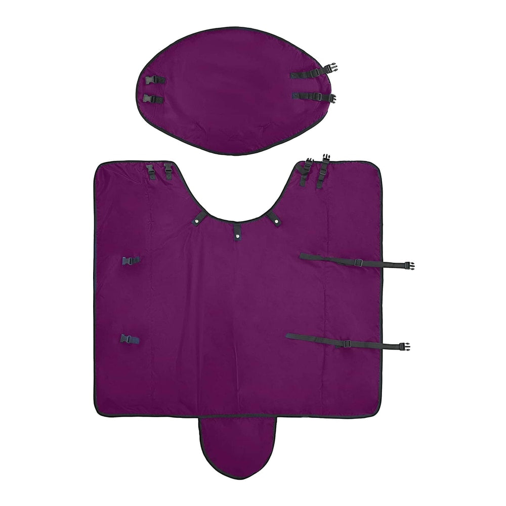 The horse blanket and hood laid out flat, showing all straps and buckles