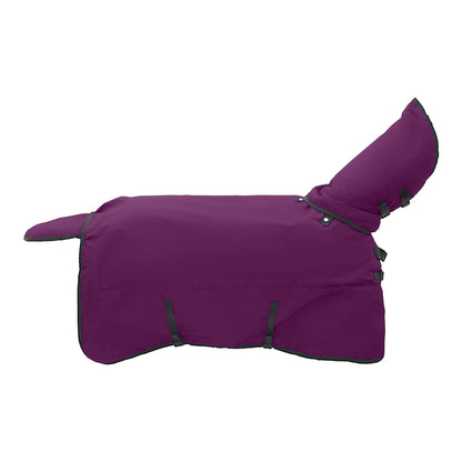 The horse blanket shown from the side with the neck cover attached and straps visible