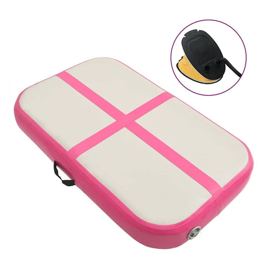 vidaXL Inflatable Gymnastics Mat with Pump PVC Pink showing the whole product with a pump attachment