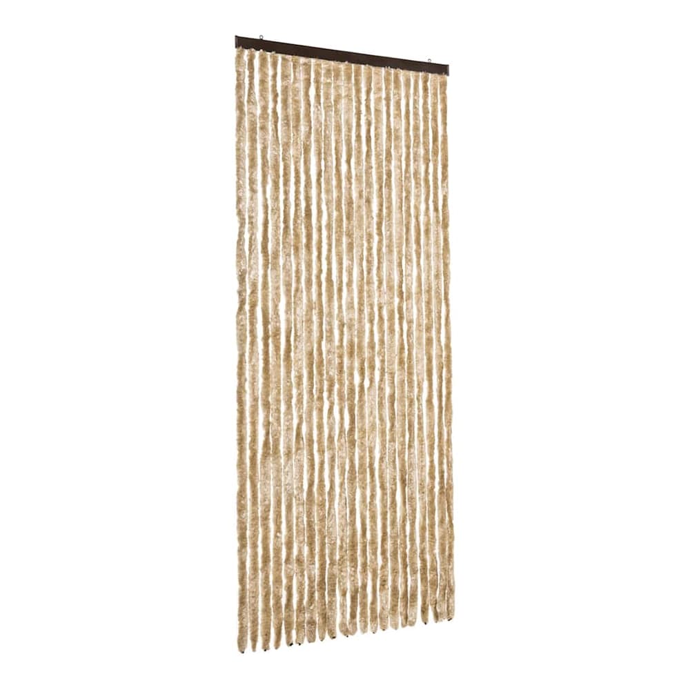 Beige chenille insect curtain hanging straight down