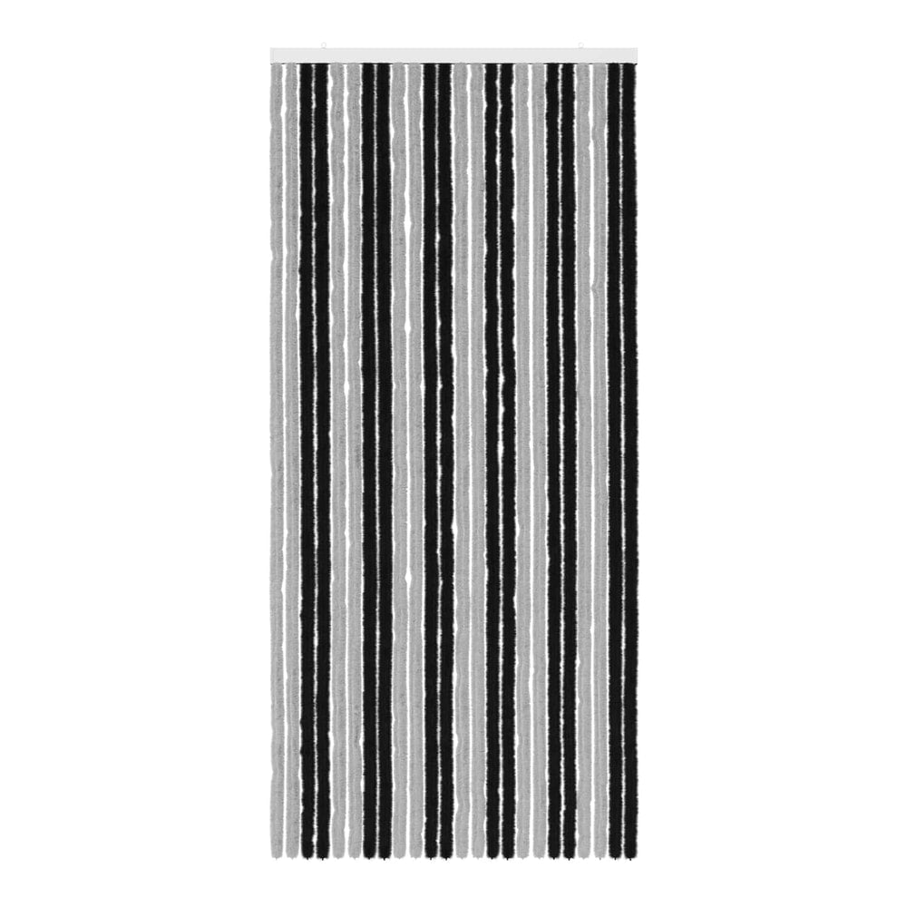 A close-up of the grey and black insect curtain showing the texture of the strands