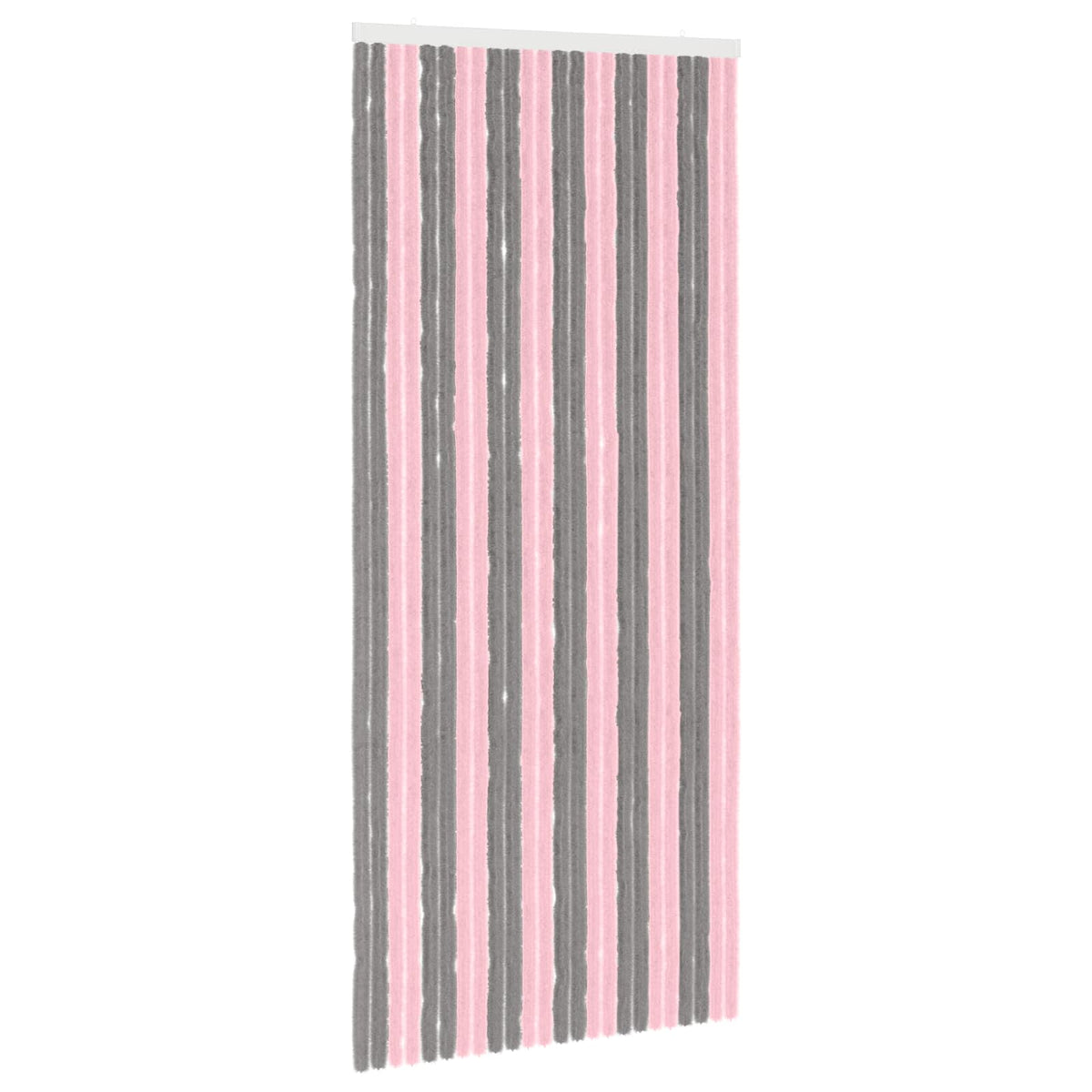 The insect curtain hanging at an angle showing the vertical grey and pink chenille strands