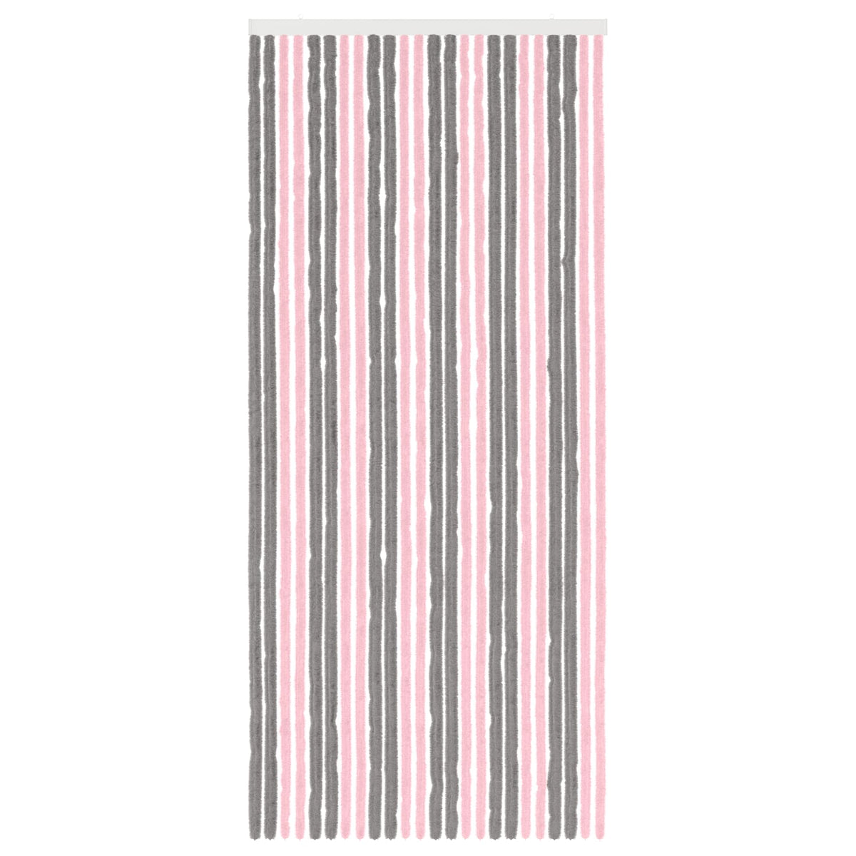 The insect curtain displayed flat with alternating vertical stripes of grey and pink