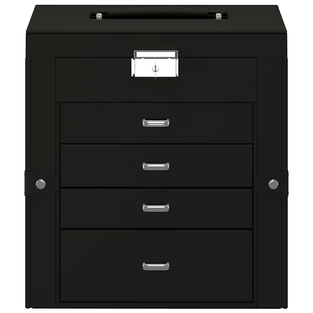 black jewellery holder with five drawers and a lock on the top, front view