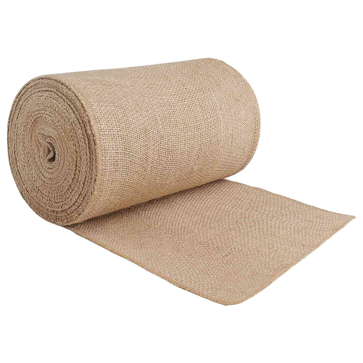 the jute roll partially unrolled to show the texture and natural colour of the fabric