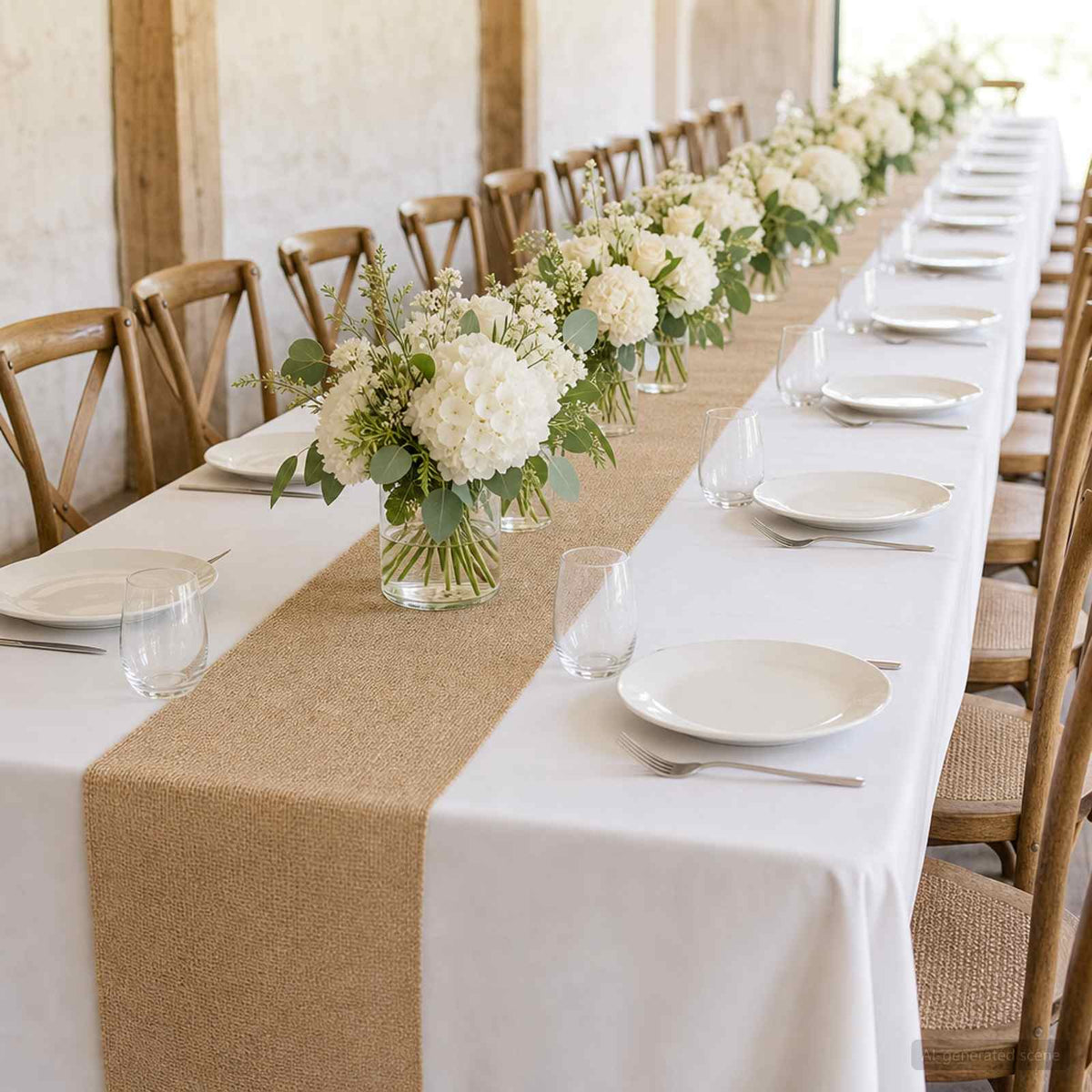 vidaXL Jute Roll Natural used as a rustic table runner on a long dining table with floral decor