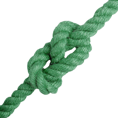 A knot tied in the green jute rope, showing its thickness and texture