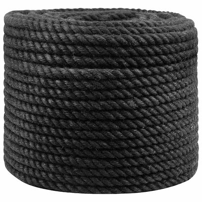 A large coil of thick black jute rope