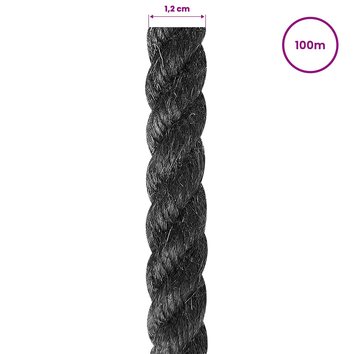 A close-up of the black jute rope showing its thickness