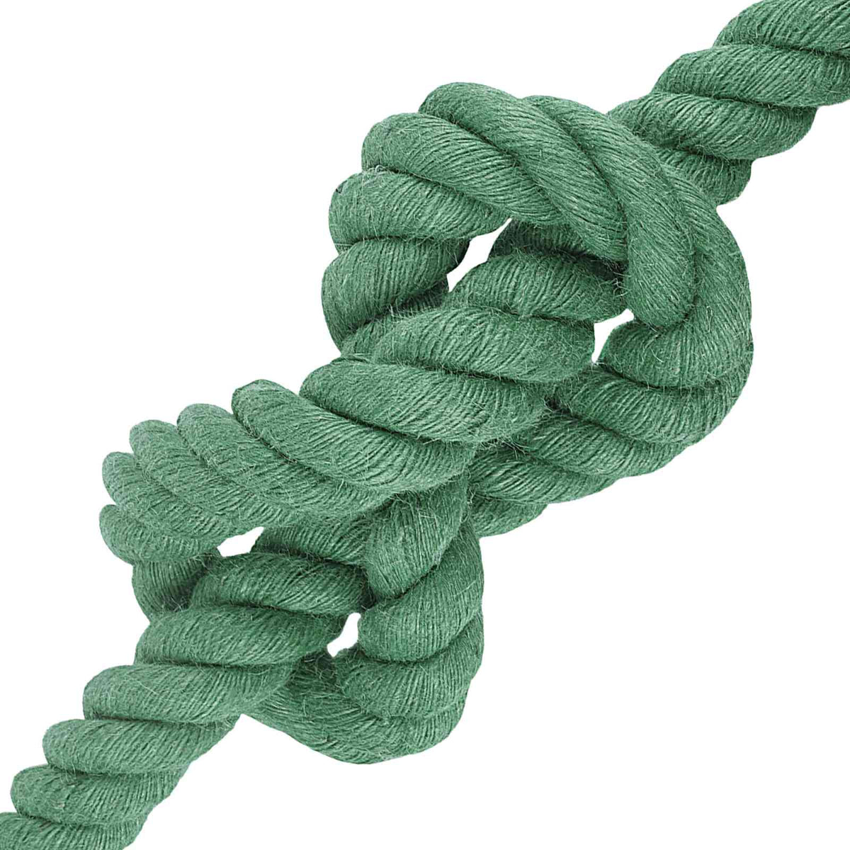 A knot tied in the thick green jute rope