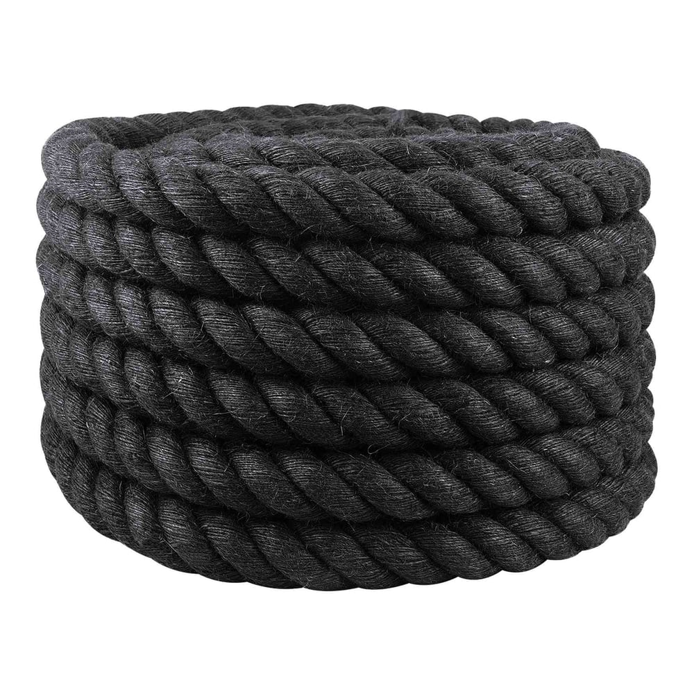 A close-up of a thick black jute rope coiled neatly