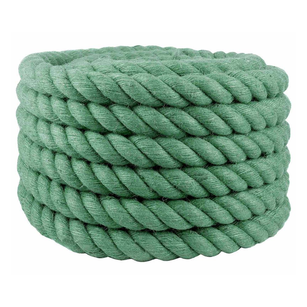 A thick green jute rope coiled neatly, showing its texture and colour