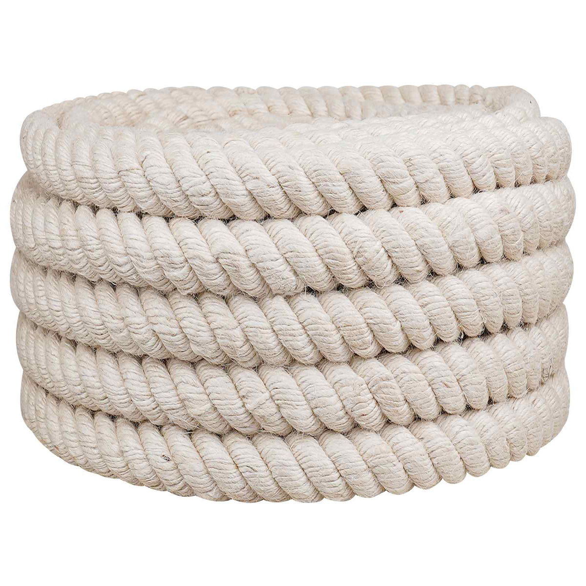The white jute rope coiled neatly into a round stack on a plain white background